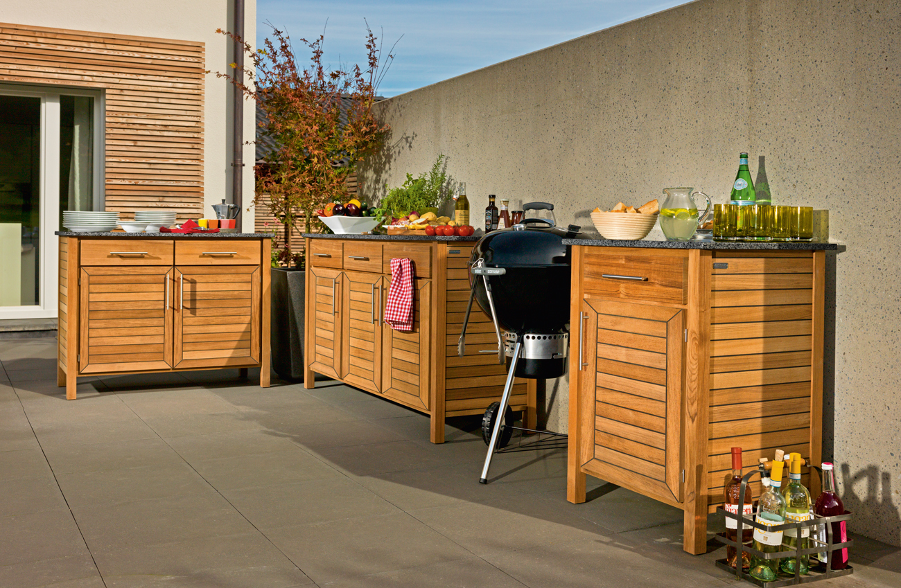 Deck Outdoorschrank 3er-Element von Weishäupl, Teak mit Granitplatte seidenmatt – Bild 2